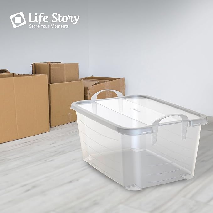 Life Story 18 Pack Light Duty Stackable Storage Bin, 55 Quart Home Organizer, Versatile Lightweight Locking Bins with Carrying Handles, Clear