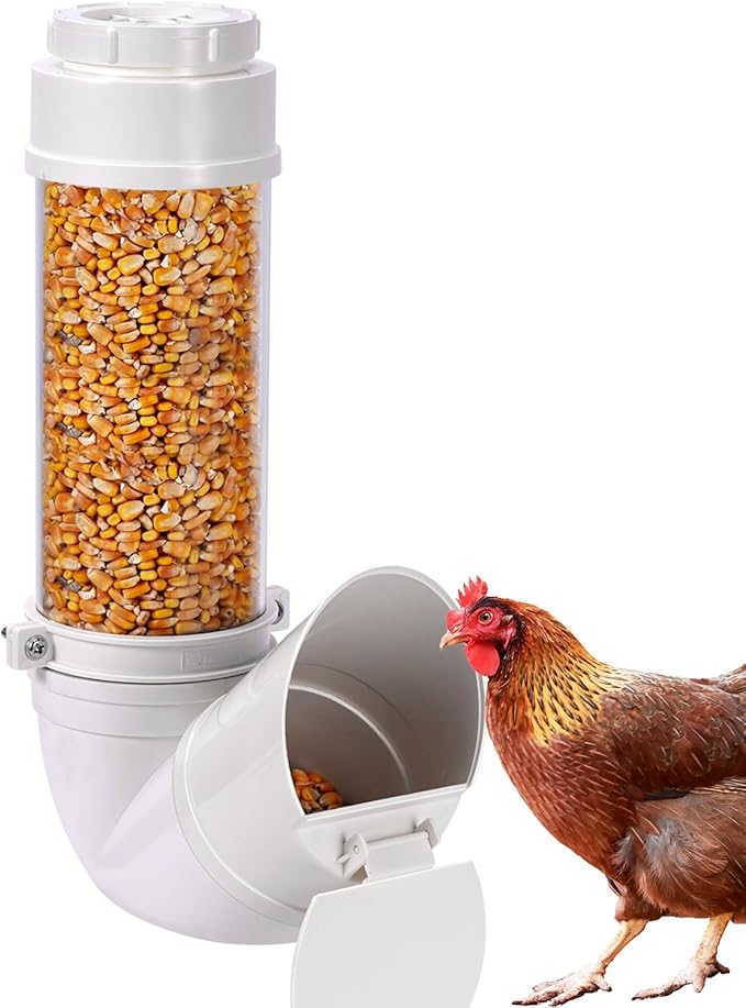Automatic Chicken Feeder No Waste 6 Pounds Duty PVC Gravity Poultry Chicken Coop Feeder, Wall Mounted Visible Gravity Fed Poultry Feeder Tube with Rain Cover for Ducks Turkeys Geese Quails