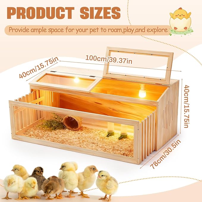 Large Brooder Box Kit for Chick 40 x 16 x 16 in Wooden Brooder with a Pull Out 15in Wide Extension Space, Heating Bulb, Feeder, Waterer, Holds up to 35 Chicks, for Poultry, Duck, Quail, and Small Pet