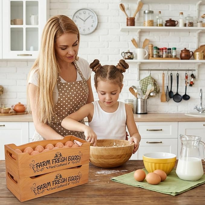 2 Pieces Wooden Egg Holder Countertop, Stackable 12 Capacity Farmhouse Rustic Pinewood Egg Storage Display Rack Basket with Handle, Eggs Organizer Stand Box with “Farm Fresh Eggs” Print