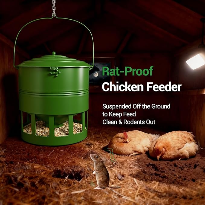 Metal Hanging Chicken Feeder No Waste, Rain-Proof Automatic Chicken Feeders, No-Spill Poultry Feeder, Rat Proof Gravity Chicken Feeder with 12 Ports for Farm & Backyard Chicken Coop
