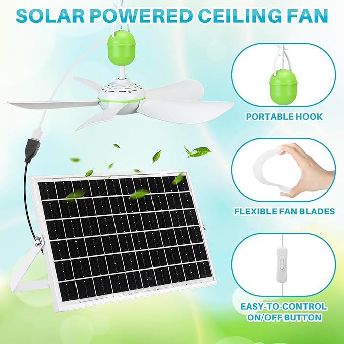 2 Set Solar Powered Ceiling Fan Kit for Outdoor Portable 15 W Solar Panel Powered USB Small Hanging Fan Dual Charging Modes for Chicken Coop Tent Greenhouse Gazebo Shed