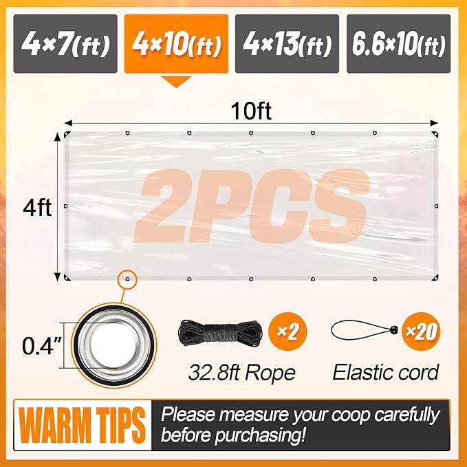 2pcs 4x10ft Chicken Coop Covers Accessories for Winter - Easy to Install Waterproof Chicken Run Tarp with Elastic Cords & Ropes