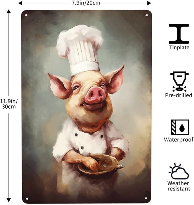 JOCASA Pig Chef Vintage Metal Poster Sign Decor-Retro Aluminum Metal Tin Sign for Home Wall Decor, Kitchen, Bedroom, Signs Gift,12''x 8''