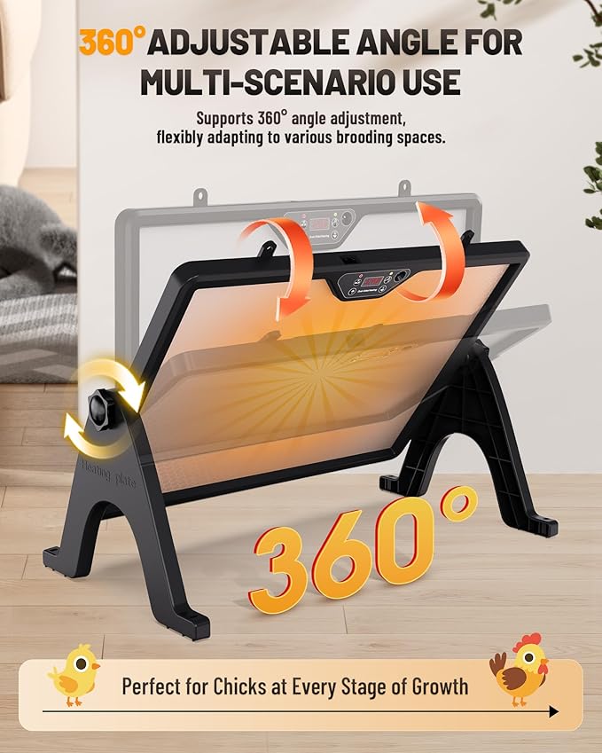 Dual-Sided Chicken Coop Heater for Winter, 180W Adjustable Temperature with Digital Display Panel, 360° Adjustable Angle, Timer & Cycle Mode, Built-in Light, 16 x 12 Inch Heat Plate for Chicken Coop