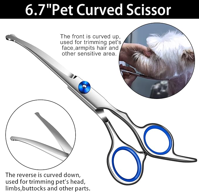 Dog Grooming scissors Kit,Includes Curved Thinning straight scissors,Comb,Grooming nail clipers,Nail Trimmer,Dog Grooming Scissors with Safety Round Tips,pet Grooming kit for Small Dogs&Puppies