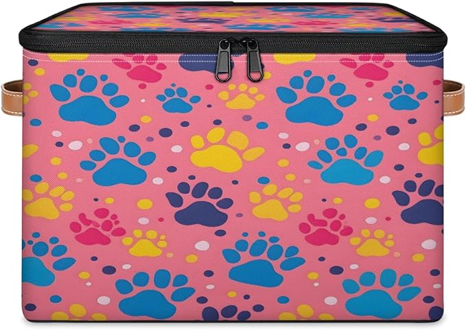 Storage Cubes with Lid Fabric Storage Bins Boxes PU Leather Handles, Dog Pet Paw Print Closet Organizer Container Foldable Washable Shelf Cloth Basket, Paw Print Colorful