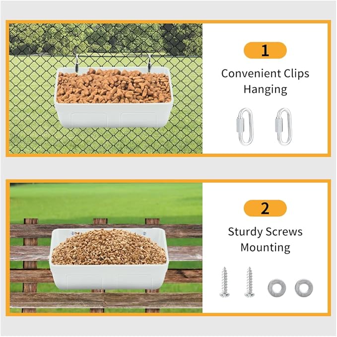 Goat Feeders Hanging 3 Pack 5 Quart, Chicken Waterer Feeder Trough for Poultry Duck Sheeple Coop Dog Livestock Poultry Plastic Trough Bucket, Hanging or Screw-in Fence Feeder with Clips, White