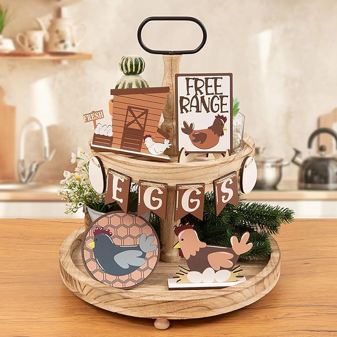 13 PCS Tiered Tray Decor Set for All Seasons-Farm Chicken Rustic Wooden Tiered Tray Sign，Hen Eggs Chik Decorative for Home Kitchen Table Shelf Bar