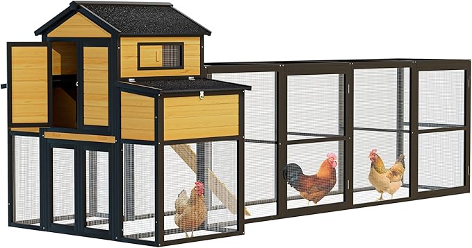 Large Wooden Chicken Coop Outdoor Hen House with Nesting Box，Walk-in Poultry Cage with Secure Locks, Metal Mesh Run for Backyard Farm Use (Black 150")