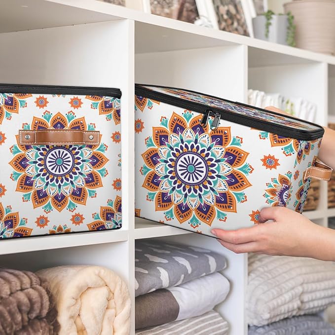Boho Vintage Flowers Storage Bins with Zipper Lid Fabric Storage Containers for Clothes Collapsible Closet Storage Basket with Metal Frame 1 Pack