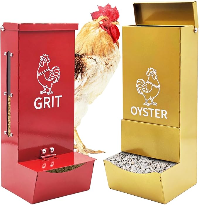 Chicken Oyster Shell Feeder and Grit Feeder, Heavy Duty Metal Automatic Chicken Feeders with Lid, Gravity-Fed Chicks Food Dispenser Hanging Poultry Feeders 2 Pack
