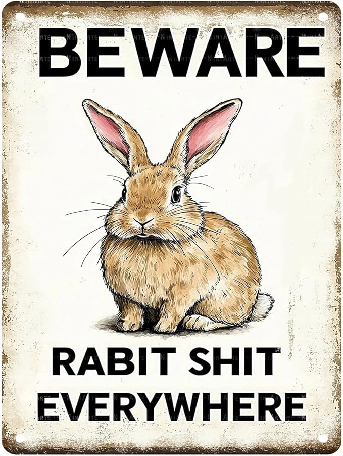 Easter bunny Tin Sign Retro Fun Metal Sign BEWARE RABBIT SHIT EVERYWHERE for Home Living Room Garden Yard Outdoor Wall 12X16Inch