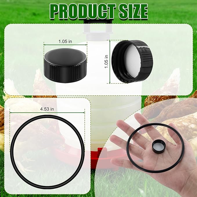 Plastic Poultry Waterer Replacement Parts Kit - 10 Caps & 4 O-Rings, Compatible with Miller, Little Giant PPF & Farm-Tuff 3/5/7 Gallon Poultry Founts (Black)