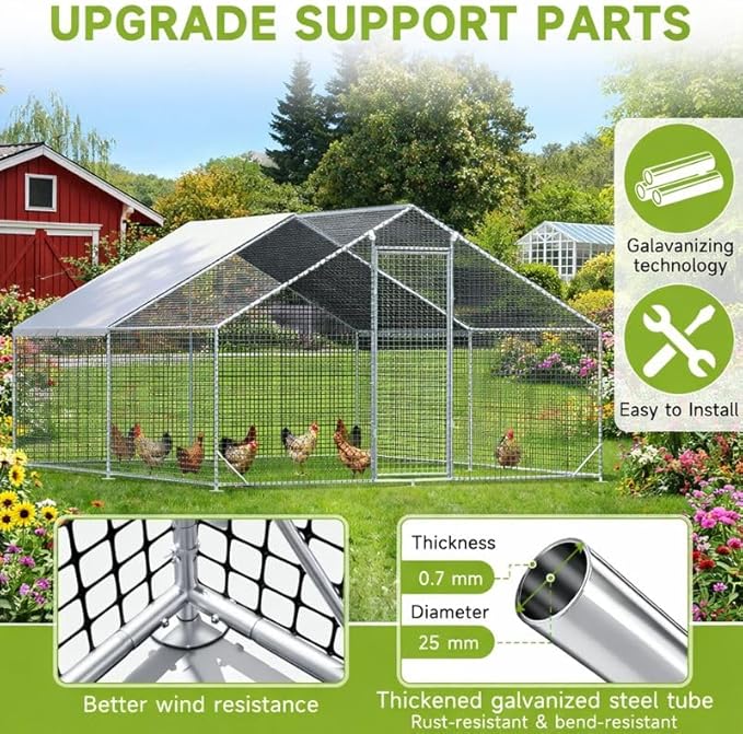 LEVELEVE Large Walk-in Chicken Coop with Chicken Run, Galvanized Poultry Enclosure with Waterproof Anti-UV Cover and Security Lock, Ideal for Rabbit, Duck, Backyard and Farm Yard，13.1'x 9.8'x 6.6'