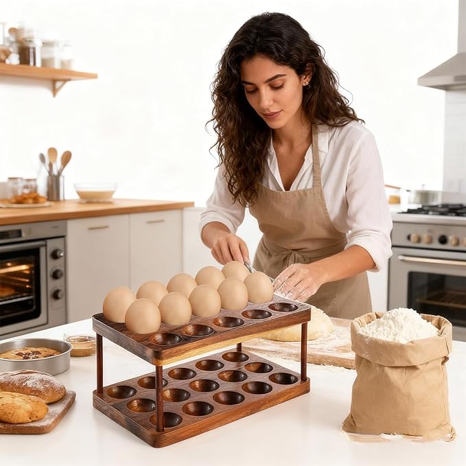 Acacia Wood Egg Holder for 36 Eggs, Rustic Countertop and Refrigerator Storage Tray, Farmhouse Kitchen Organizer with 1.5" Holes, Easy Clean Deviled Plates for Easter Decor,11.5" x 5.75" (2)
