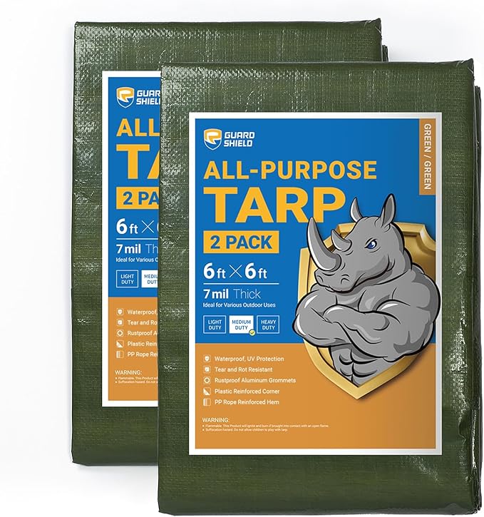 GUARD SHIELD Green Tarp Waterproof 6x6 Feet Medium Duty All Purpose Poly Tarps Cover 7mil (2-Pack)