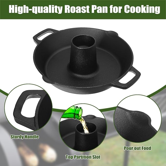 Cast Iron Chicken Roaster, Vertical Beer Can Chicken Holder with Drip Pan, Pre-Seasoned Poultry Roaster for Grill, Cast Iron Roast Turkey Stand, Roasting Pan & BBQ Grilling Accessories