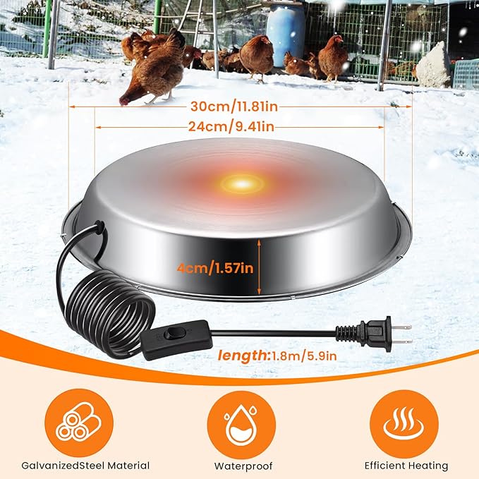 12 Inch Heated Base for Poultry Waterer, 5 Gallon Automatic Electric Chicken Water Heater with Thermostat, Energy-Efficient Winter Deicer for Plastic & Metal Buckets