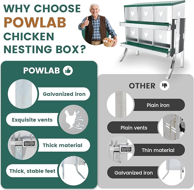 6 Compartment Chicken Nesting Box with Elevated Metal Legs - Heavy Duty Roll Away Egg Collection, Secure Lid & Perch - Versatile Wall Mount or Free Standing Design for Chickens, Hens, Ducks