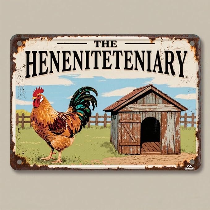 The Henitentiary Sign - Rustic Metal Chicken Coop Sign for Farm, Garden, or Home Decor - 12" x 8" Vintage Tin Plaque, Door Name Plate, Wall Art