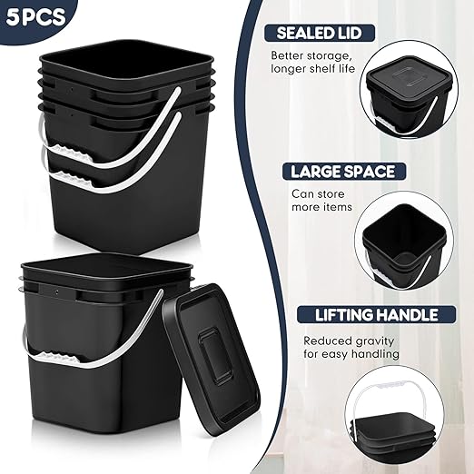 Mumufy 5 Pcs 3.5 Gallon Square Food Grade Bucket with Lid Square Bucket Pail Plastic Handles for Long Term Food Storage, Camping, Fishing, Home Organization Easy Stack and Store (Black)