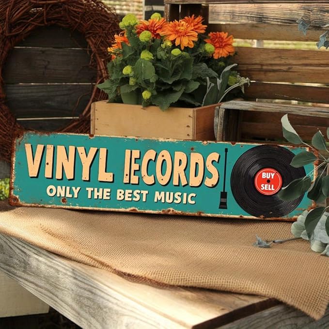 Vinyl Records Metal Tin Sign Vintage Retro Music Wall Decor for Man Cave Bar Studio Garage Game Room 4x16 Inch