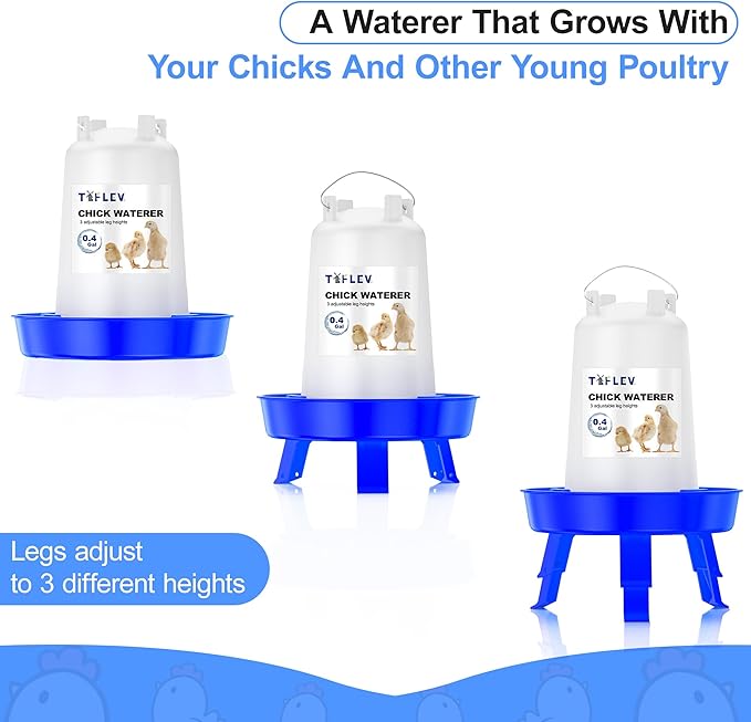 Baby Chick Feeder and Waterer Set with Adjustable Height, Anti-Drown Poultry Waterer for Raising Chicks in Brooder (0.3 Gal Chick Feeder & 0.4 Gal Chick Waterer, Blue)
