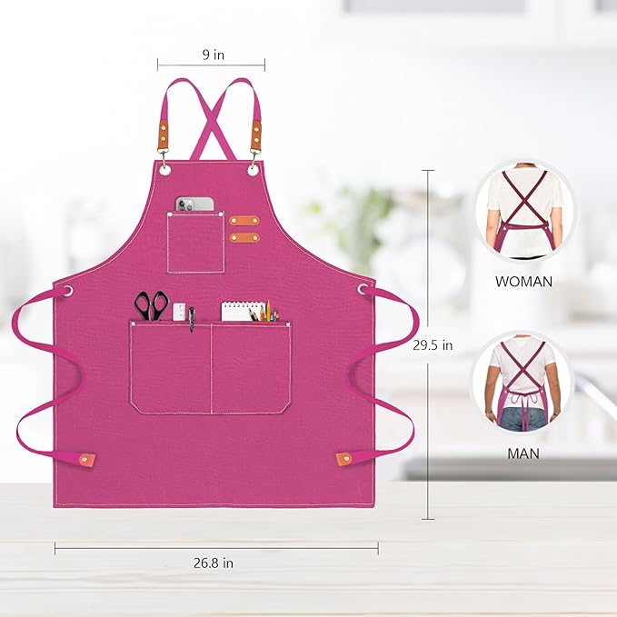 Chef Apron for Men Women Canvas Aprons with 3 Pockets Cross Back Resistant Work Apron for Cooking