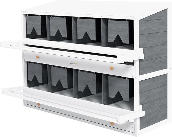 PawHut Chicken Nesting Box, Wooden Roll Out Lay Nesting Boxes for 16-32 Chickens, with 8 Compartments, 2 Egg Collection Trays, 4 Perches, for Chicken Coop, Chicken Run, Gray