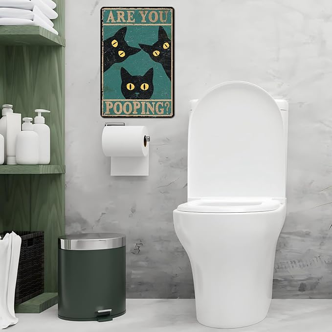 Black Cat Vintage Tin Sign Are You Pooping Metal Tin Sign for Bathroom Decor Poster 12 * 8inch