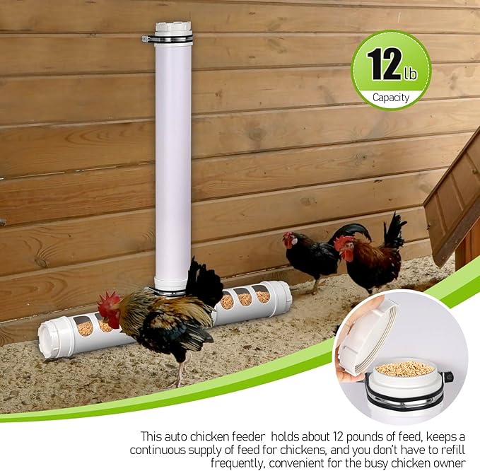 PVC Pipe Chicken Feeder No Waste Automatic Chicken Feeder Tube 12 Lbs Capacity, Wall Mounted Gravity Fed Poultry Feeder with 6 Feeding Holes for Chicken Coop