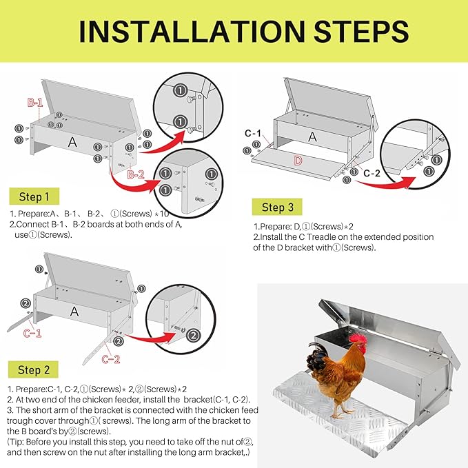 Automatic Chicken Feeder Treadle Large Poultry Feeders No Waste Stainless Steel Rat Proof Chicken Feeder Trough with Weatherproof Lid Treadle Chicken Feeder Self-Opening for Duck Fowl