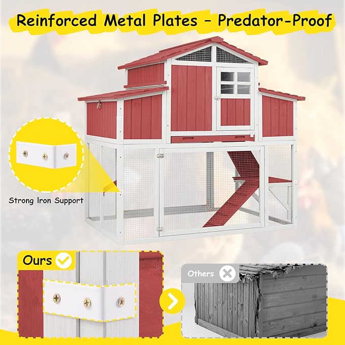 Large Outdoor Wooden Chicken Coop with Run for 2–4 Chickens, 2-Tier Elevated Hen House with Dual Nesting Boxes, Removable Slide-Out Tray, Reinforced Frame, Backyard Poultry Cage, Red