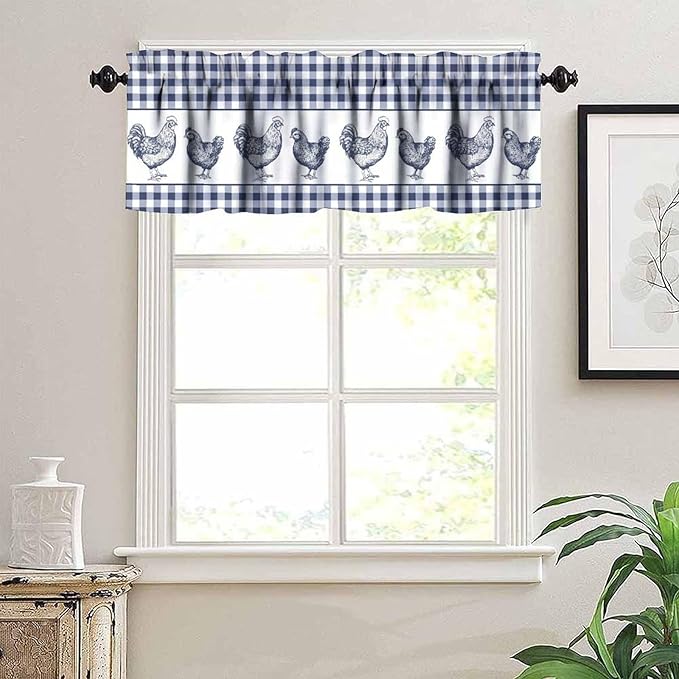 Farm Rooster Valance Curtains Rustic Retro Farmhouse Animals Blue White Buffalo Plaid Rod Pocket Curtain Valance for Kitchen Bedroom Living Room Decor 1 Panel W54xL18 Inch