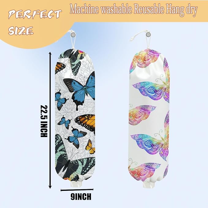 2PCS Butterfly Plastic Bag Holder, Wall Mount Grocery Bag Holder for Storage bag, Washable Storage Organizer Reusable Grocery Bags, Pull Rope Free Adjustment, Butterfly Gifts for Women Mom Sister