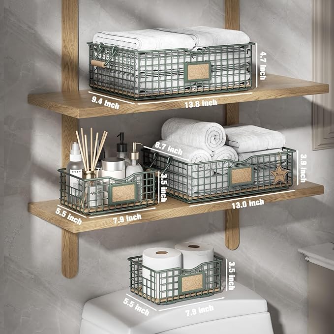Bathroom Organizers and Storage, 4 Pack Storage Baskets for Shelves, Multipurpose Bins Organizer with Wooden Handles, Decorative Organizer Basket Set for Bathroom, Laundry, Living Room - Green