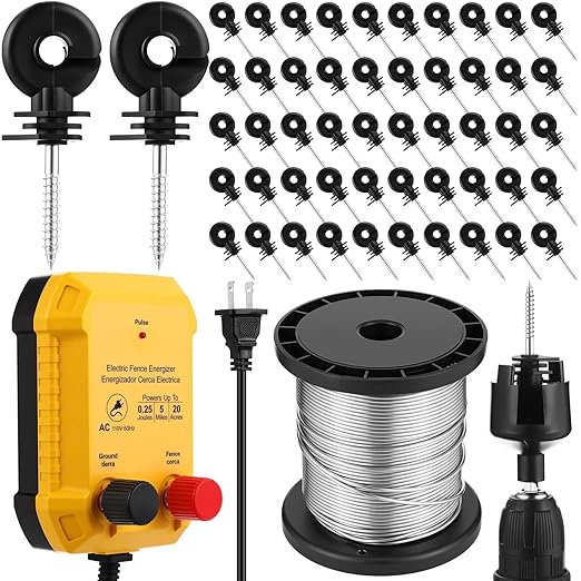Electric Fence for Preventing Animals Intruding 2 Mile 110VAC 0.25 Joule Electric Plug in Fence, 50 Black Insulator and 1 Socket Tool 250ft Aluminum Wire for Animals and Keep Out Predators