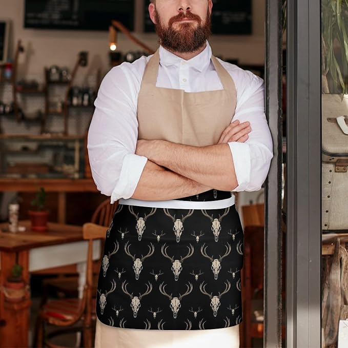 Unisex Chef Waiter Apron Waist Half Short Serving Aprons with 3 Pockets
