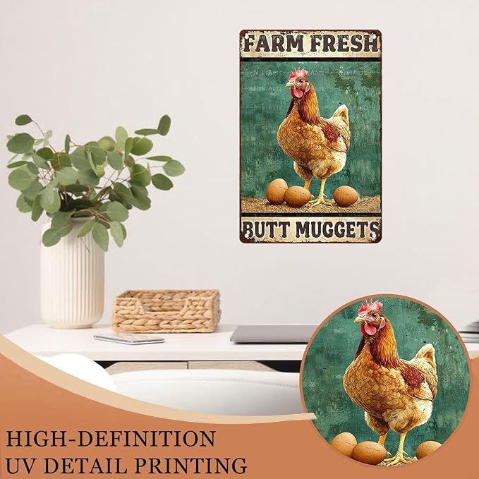 Vintage Chicken Farm Metal Sign Chicken Coop Farm Fresh Butt Nuggets Metal Poster Home Garden Farmhouse Restaurant Garage Aluminium Sign Art Wall Decor 8X12Inch