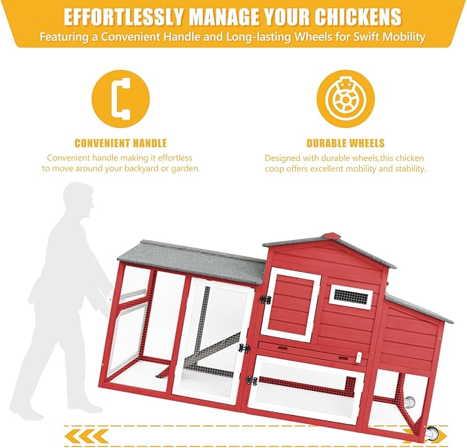PetsCosset 136" Chicken Coop with Wheels, Backyard Wooden Hen House Outdoor for 1-6 Chickens, 2 Story Poultry Cage Chicken Coop and Run, Nesting Box, Pull Out Trays, Set of Two, (Red)