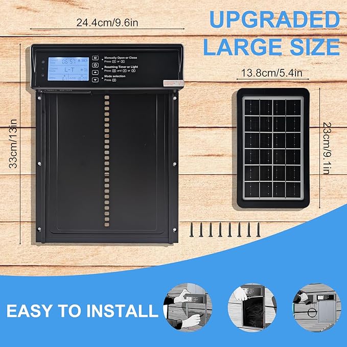 Automatic Chicken Coop Door Opener Solar Powered, Large for Run Chicken | LED Screen, Timer, Light Sensor, Manual & Remote Control, Anti-Pinch, Aluminum Alloy, Abnormally Open Close Auto Alarm
