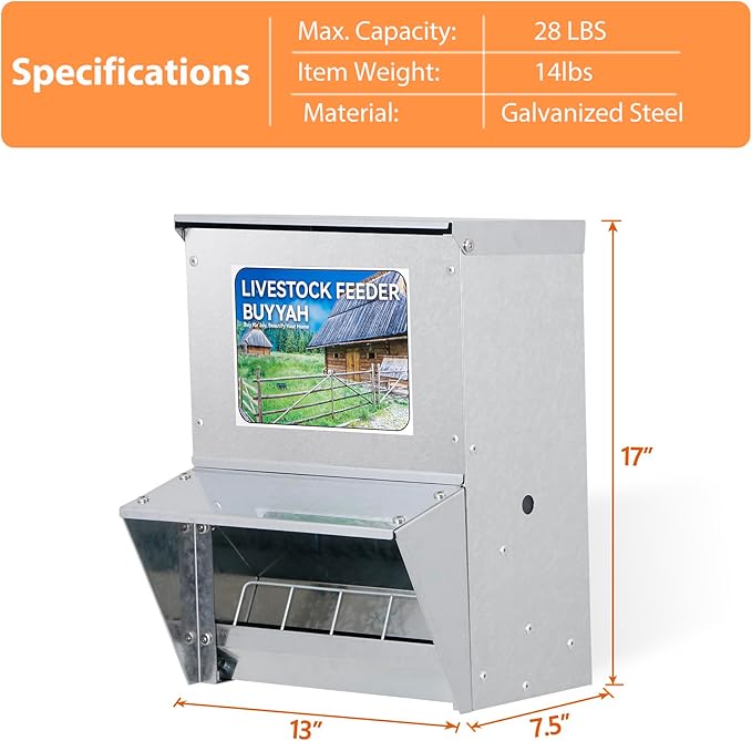 Automatic Chicken Feeder, 28 lbs Capacity, Galvanized Metal Poultry Feeder, Waterproof Chicken Feeder, Suitable for Poultry, Geese, Quails, Bantams, Ducks and Turkey