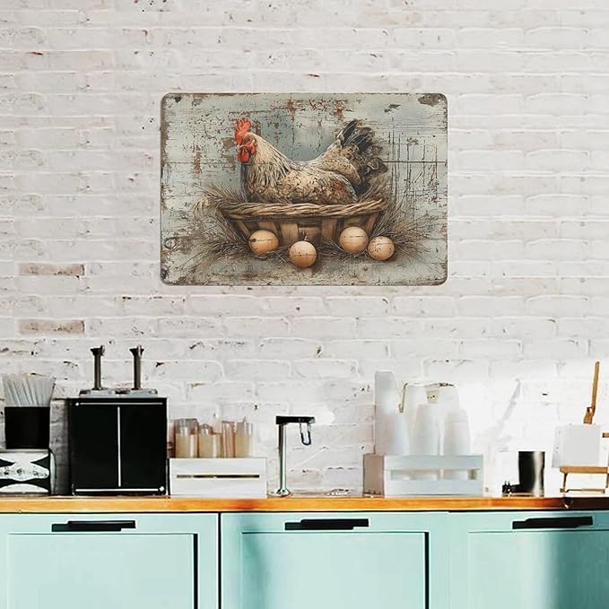 Rustic Farmhouse Hen Chicken in Basket with Eggs tin sign Vintage Rustic Farmhouse Chicken and Eggs metal sign print Suitable for room bathroom cave bar cafe garage garden and outdoor decoration