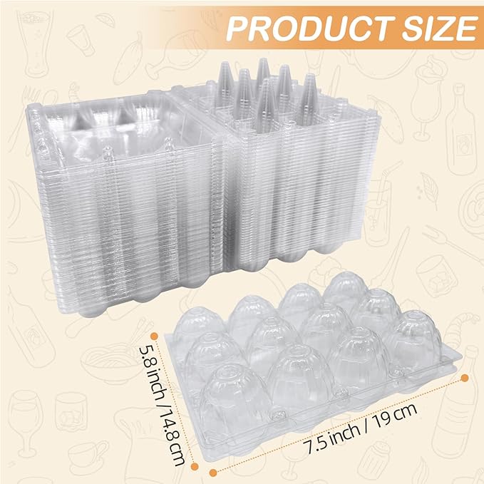 50 Pack Plastic Egg Cartons with Sticker Labels for 12 Eggs，Containers Cheap Bulk for Egg Storage and Transport Refrigerator, Family, Chicken Farm, Market, Camping