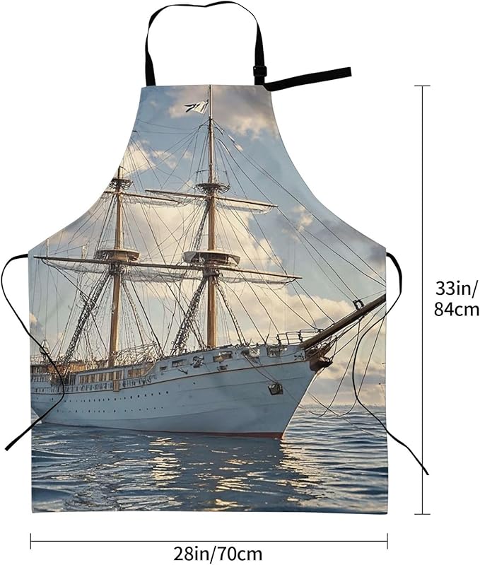 Waterproof Apron Adjustable Bib for Women Men Vintage Nautical White Ship Cooking Aprons Chef Bibs with 2 Pocket