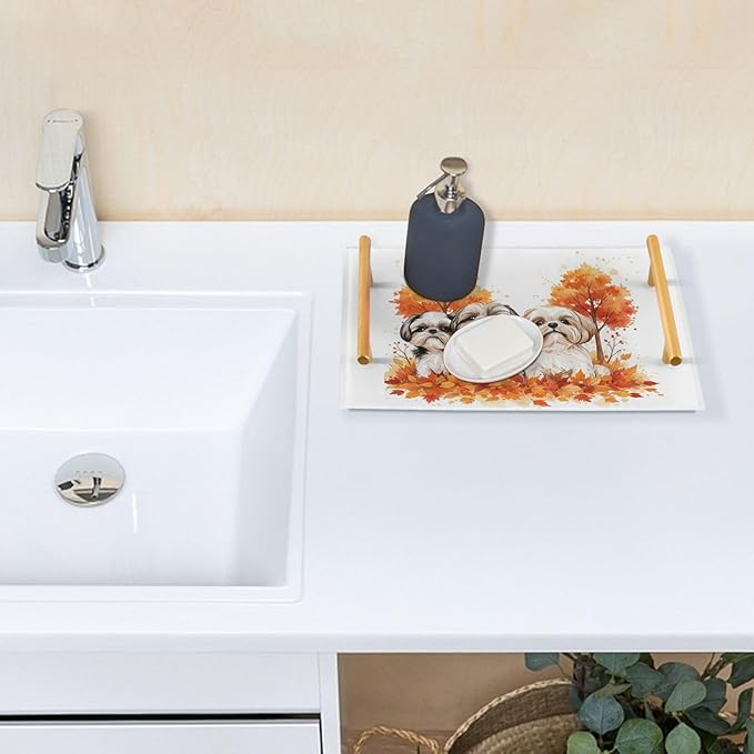 Bathroom Vanity Tray Counter Organizer, Cute Dogs with Fall Leaves Decorative Tray with Handles Countertop Storage for Bathroom Bedroom Kitchen Home Farmhouse