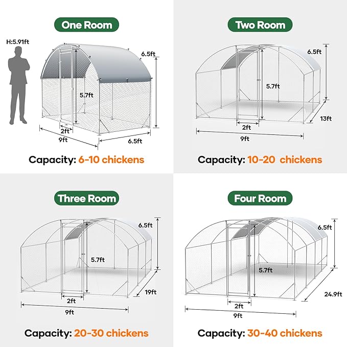 Large Chicken Coop 9.2x6.5x6.5ft Metal Chicken Run for Yard Round Top Walk-in Chicken Pen Outdoor Poultry Cage with Waterproof Anti-UV Cover Rabbit Duck House