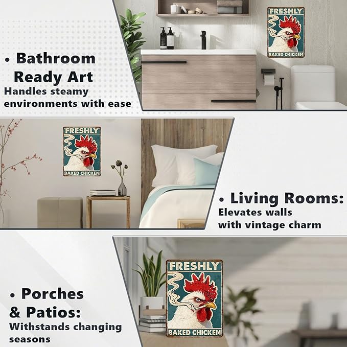 Funny Chicken Metal Signs Rooster Kitchen Decor Freshly Baked Chicken Tin Signs Vintage Farmhouse Poster Rustic Wall Decor For Home Farm Cafe Bar Pub Man cave Living Room Office 16 * 12 In