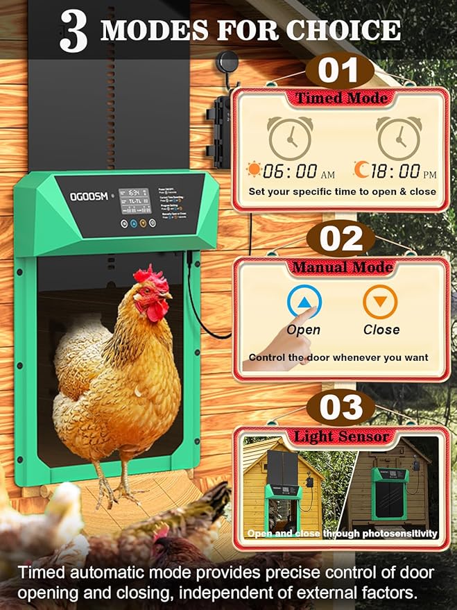 Automatic Chicken Coop Door, Aluminum Automatic Chicken Door with Anti-Pinch Feature, Timer and LCD Display (New-Green)
